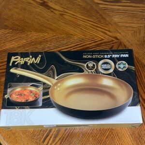 NIB Parini 9.5" Fry Pan Non-Stick 18k Gold Infused Coating Black &Gold Oven Safe